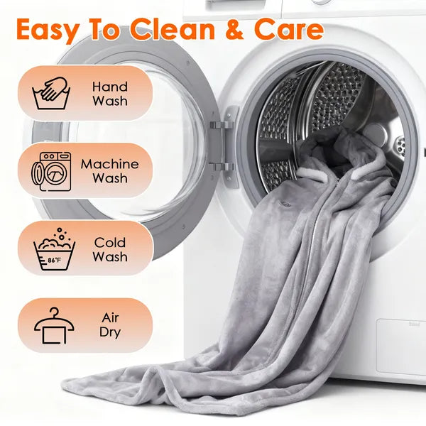 Grey flannel heated throw blanket folded inside a washing machine drum