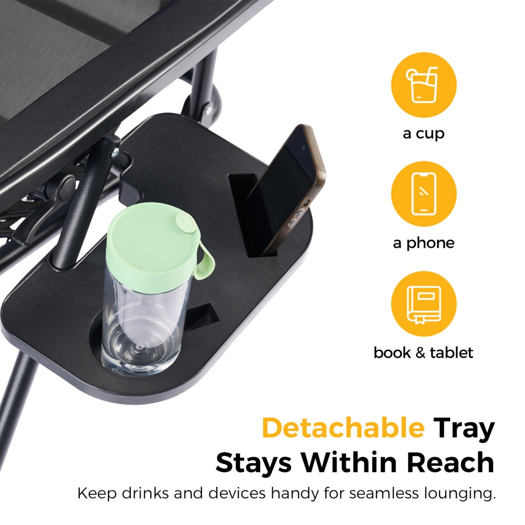 Black detachable tray on folding recliner with cup holder and phone/book slots.