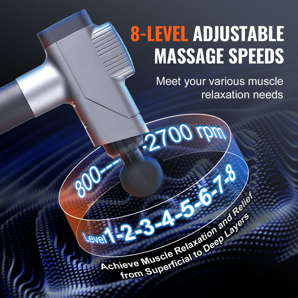 8-level adjustable speed massage gun with round head, showing speed range 2700 rpm