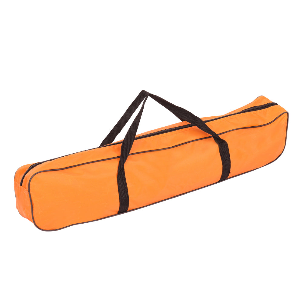 Orange tent carry bag with black straps and zippered end pocket
