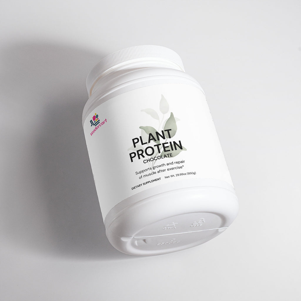 Plant protein powder tub, side view, chocolate label on white container