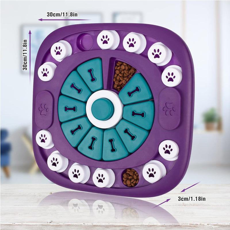 Purple treat puzzle feeder with teal bone compartments and paw-button design