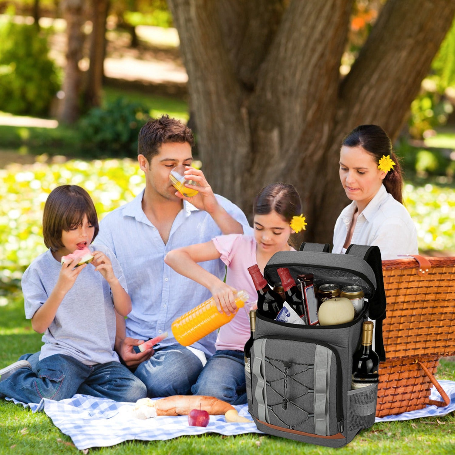 Grey insulated cooler backpack standing open-ready, with two front zippers and padded shoulder straps