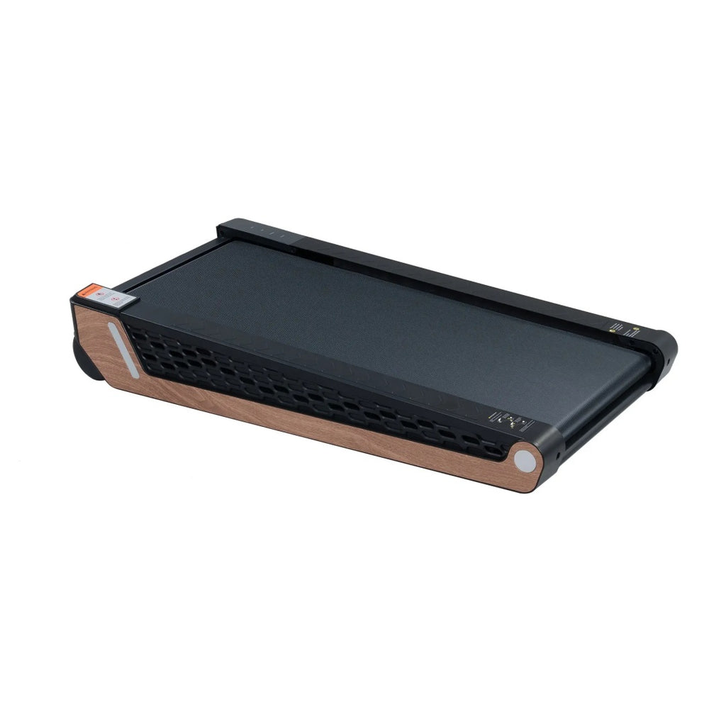 Portable walking pad treadmill, black deck with wood side panels and side console
