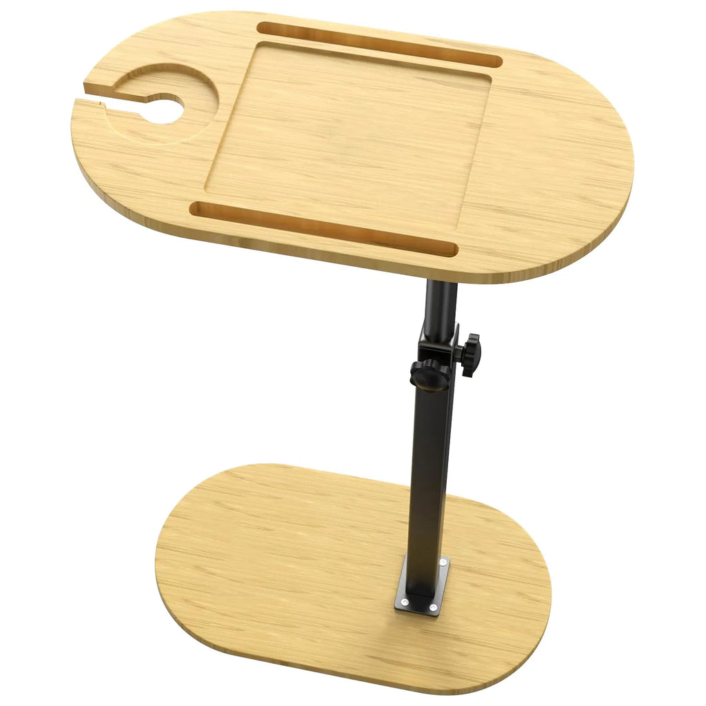 Beige bamboo liftable bathtub tray caddy with oval cutouts and handle recess