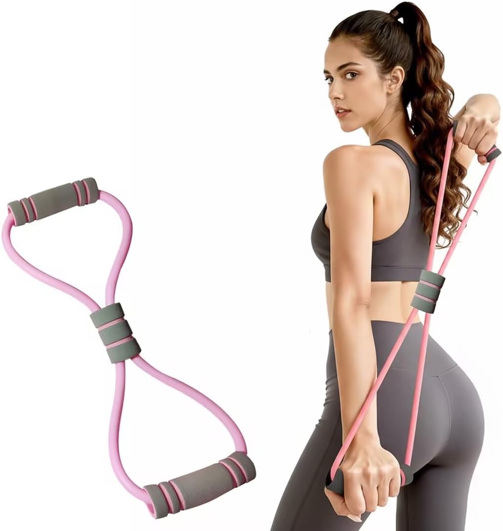 Pink double-loop leg strap with grey grips, held with a pedal resistance band