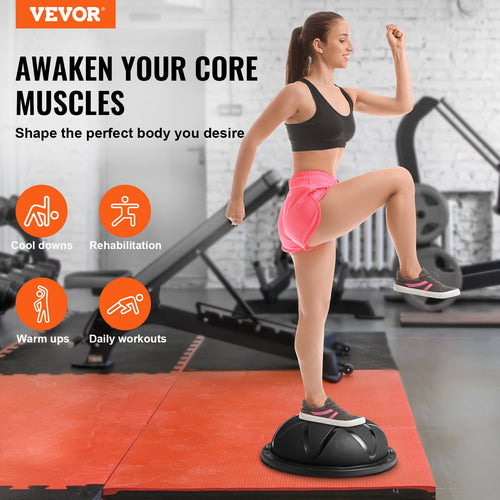 Black balance trainer base with resistance band, model standing for balance exercise.