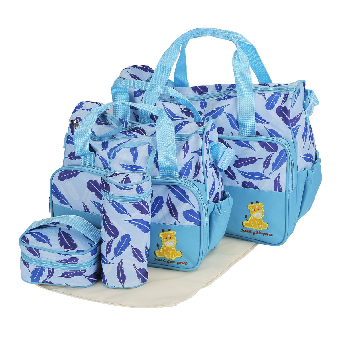 Light blue diaper bag set with matching changing pad and small storage pouches