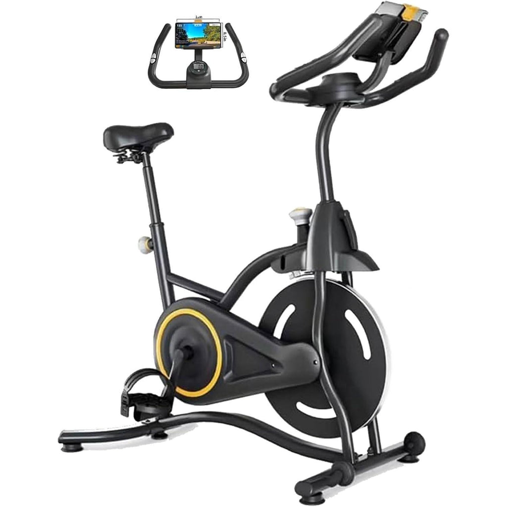 Black magnetic spin bike front view with LCD console, adjustable seat, and wheel housing.