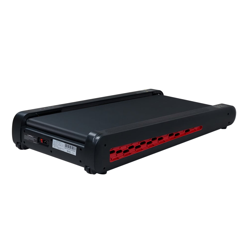 Black portable treadmill walking deck, red honeycomb ventilation strip on side