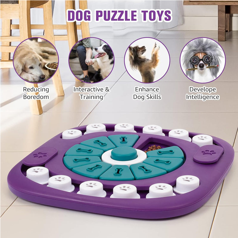 Purple slow-feeding puzzle toy with teal bone sections and white paw control pieces