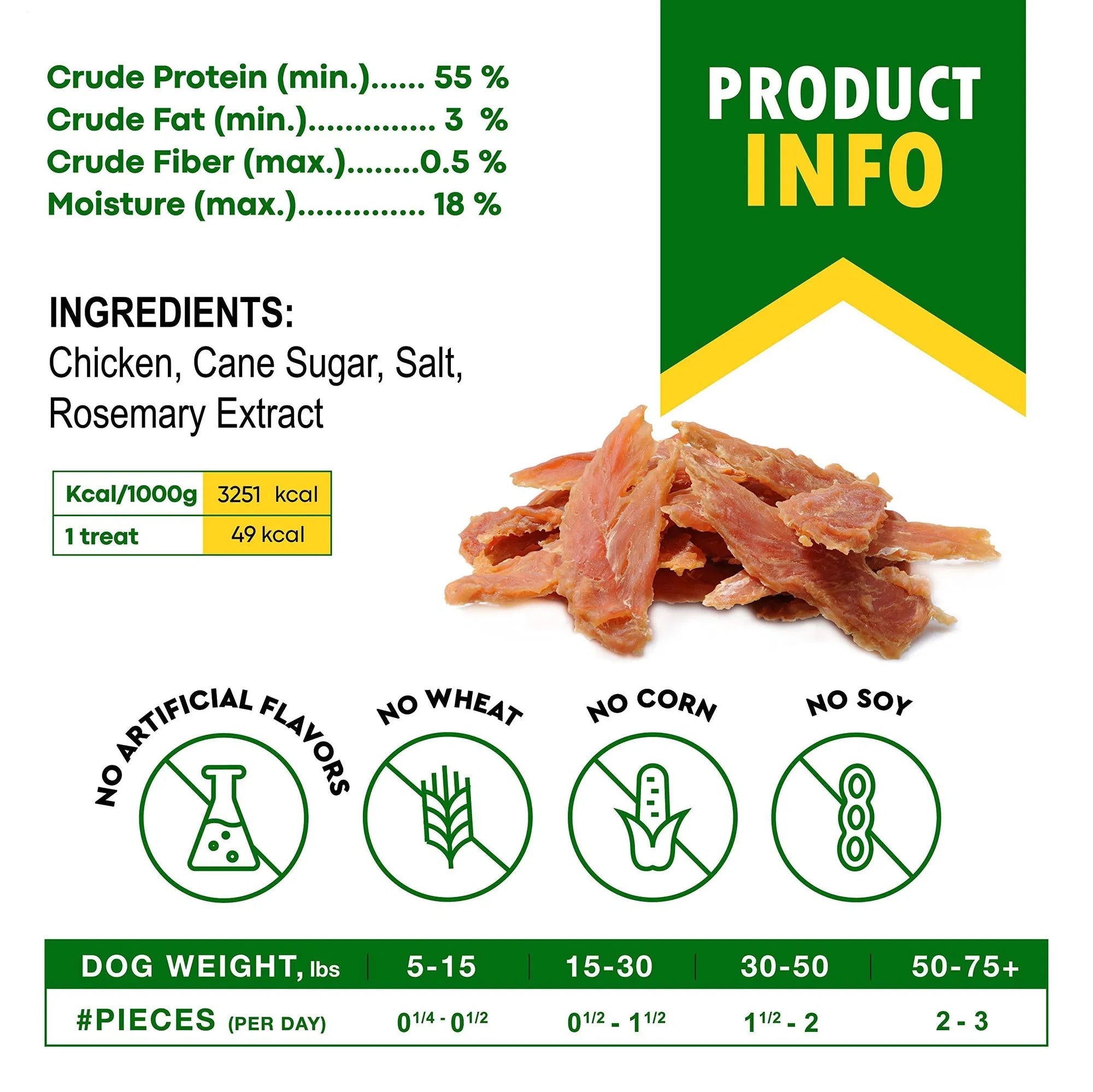 Chicken jerky treat strips with product info, calories, and ingredient icons