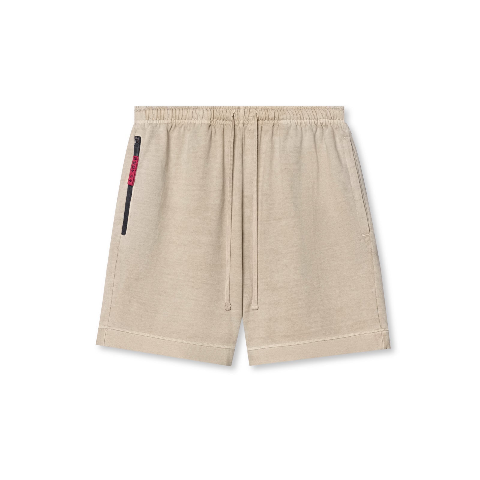Light beige shorts with elastic waistband, drawstring, and side zip pocket