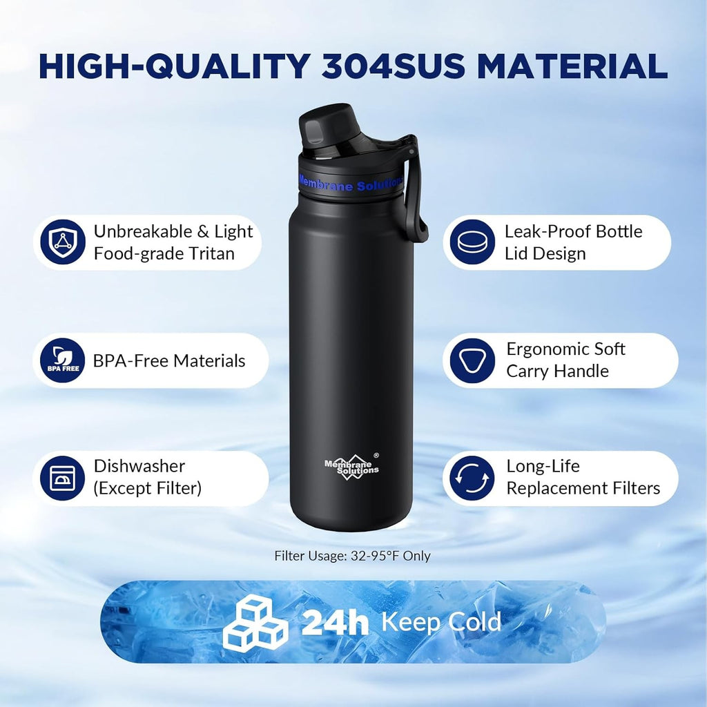 Black 32oz stainless steel filtered water bottle with leak-proof lid and carry handle