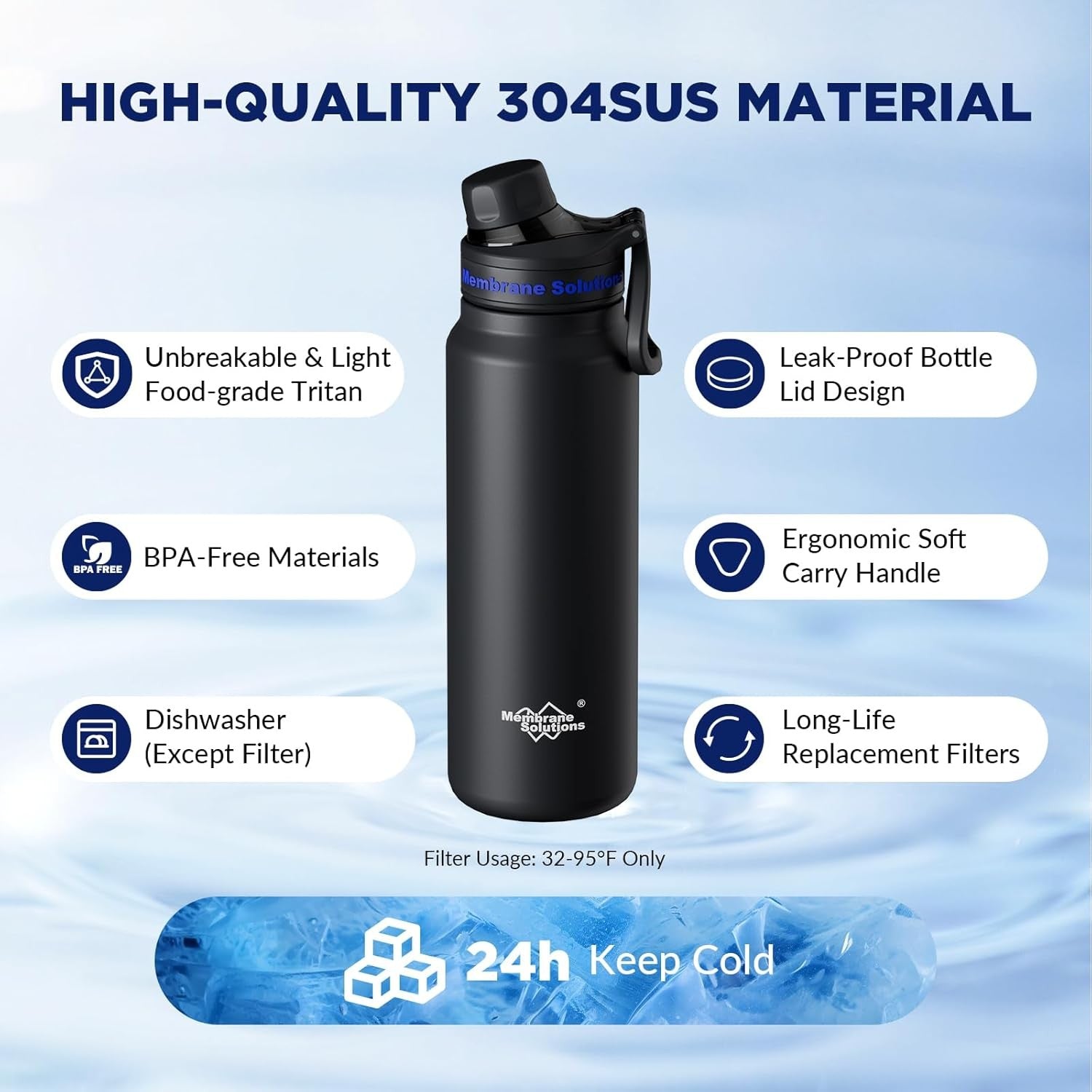 Black 32oz stainless steel filtered water bottle with leak-proof lid and carry handle