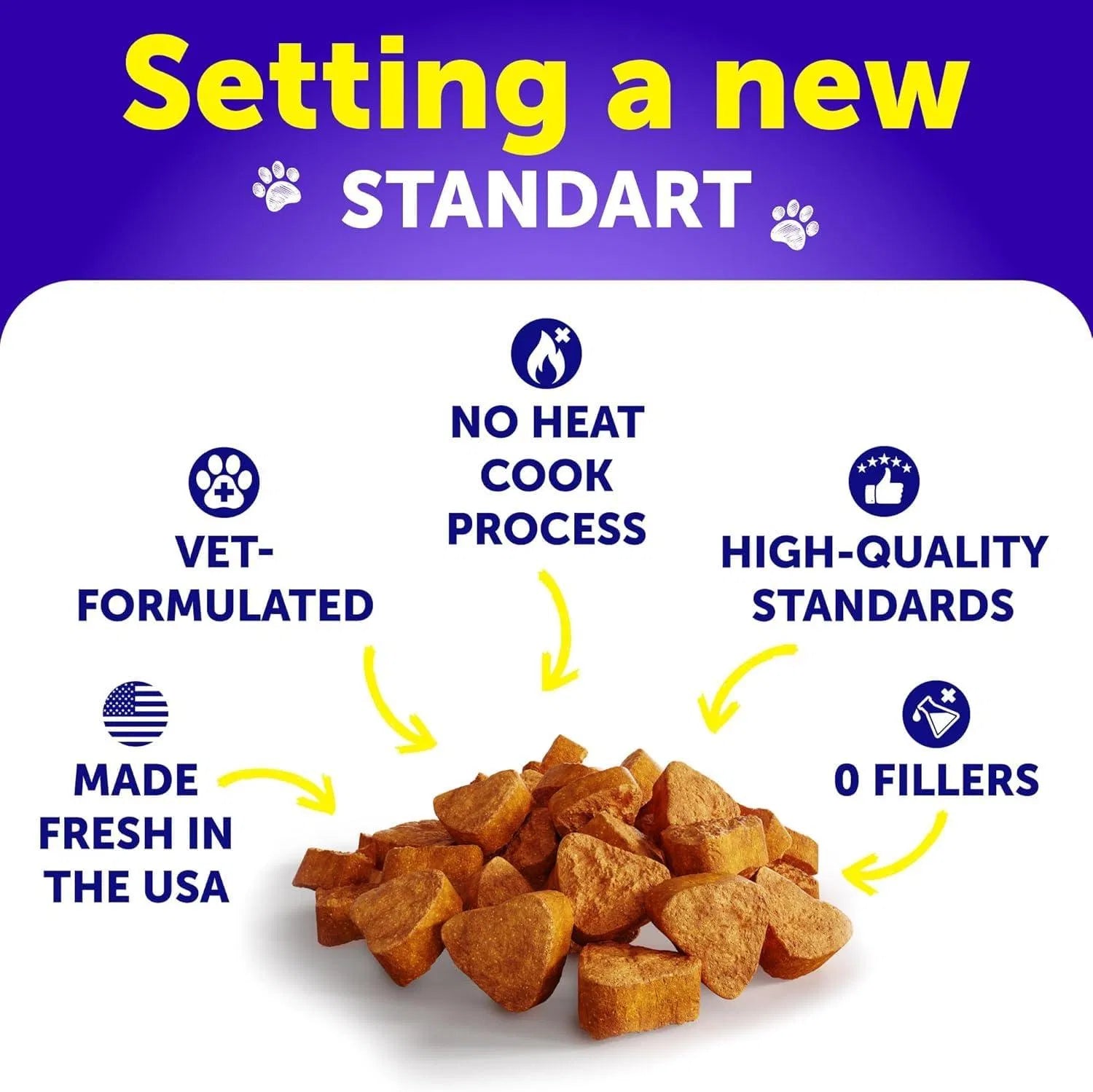 Pile of dog multivitamin 20-in-1 soft chews with no heat-cook process and 0 fillers icons