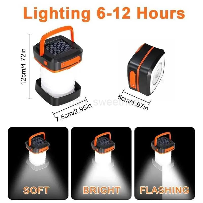 Compact solar camping lantern with white light, displaying soft, bright, and flashing modes