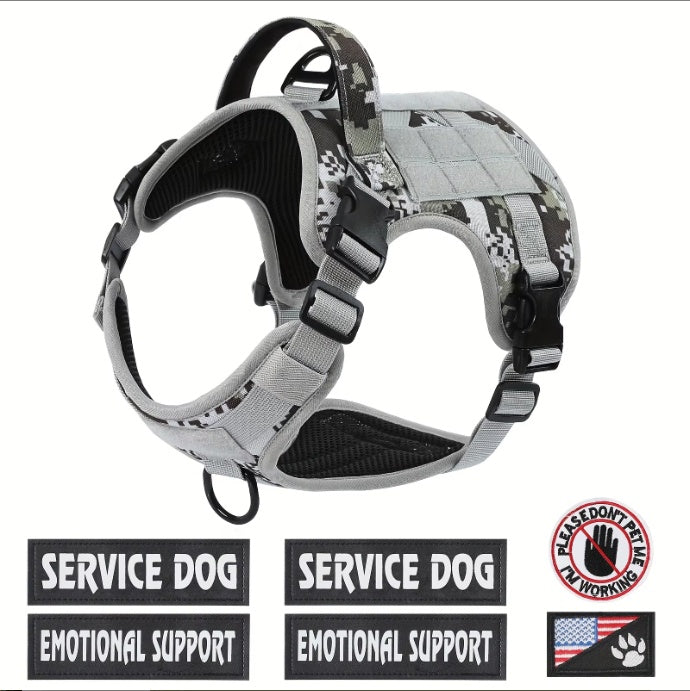 Gray camo tactical service dog harness vest with front D-ring and adjustable straps
