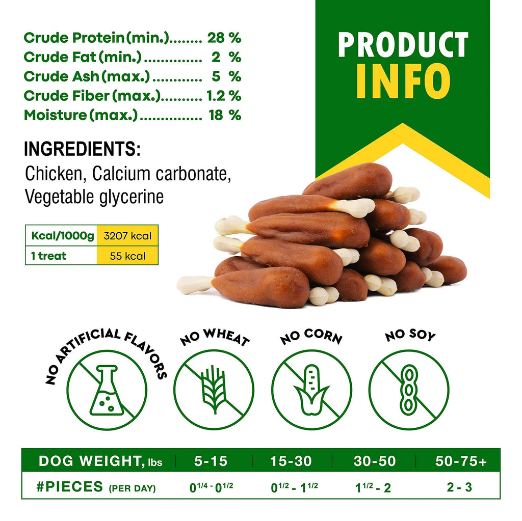 Dog calcium bones with chicken chew pile and product info icons: no wheat, no corn