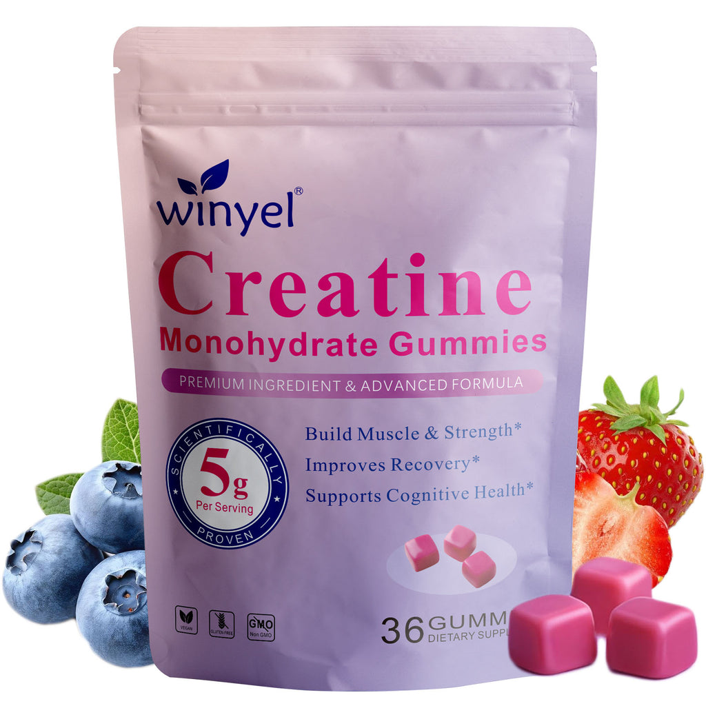 Front view creatine monohydrate gummies pouch with strawberry and blueberry accents and 36 gummies