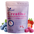 Front view creatine monohydrate gummies pouch with strawberry and blueberry accents and 36 gummies