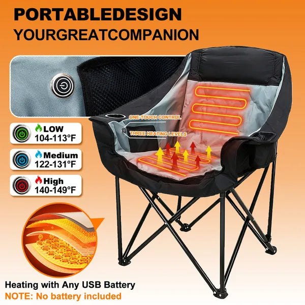 Oversized heated camping chair with glowing red heat panels and control button