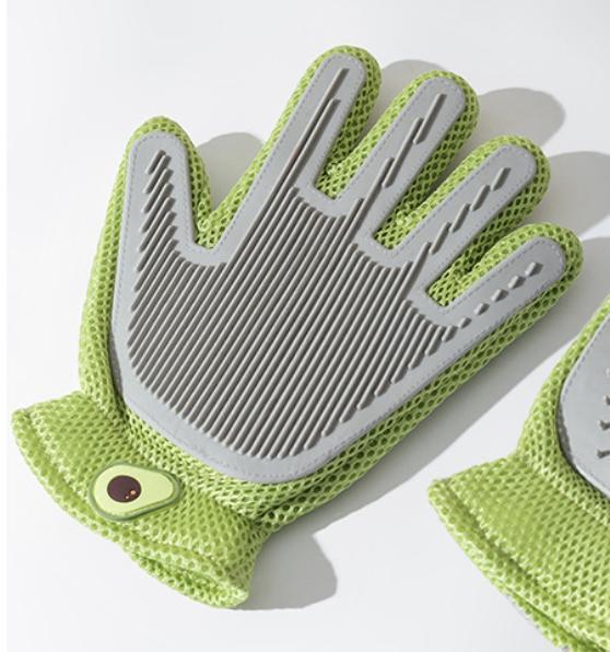 Lime green pet grooming glove with gray rubber de-shedding bristles and massage nubs