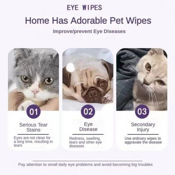 Eye wipes infographic with three pet tear-stain situations: cat eye, eye disease, injury