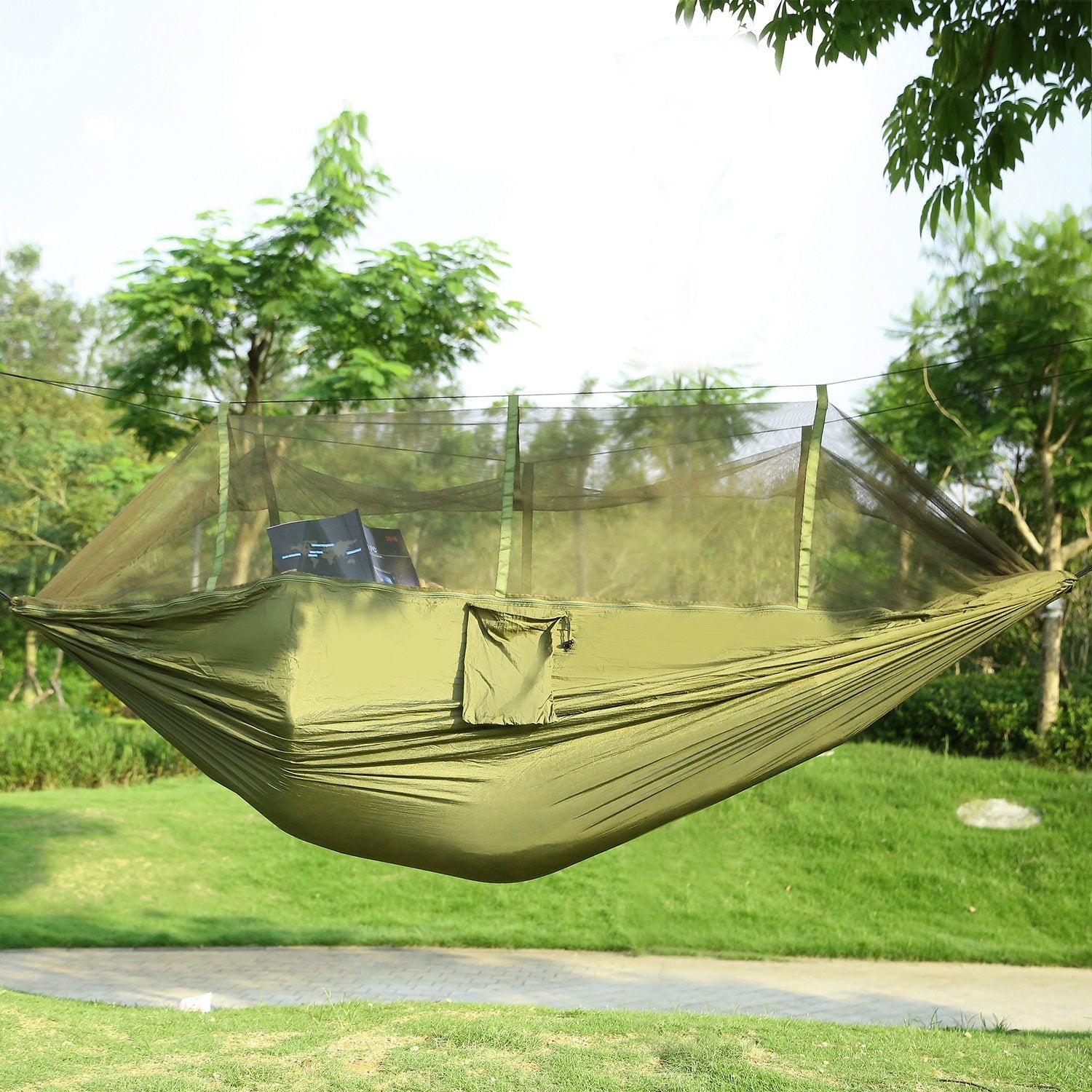 Double camping hammock with mosquito net, olive green fabric with zip entry pouch.