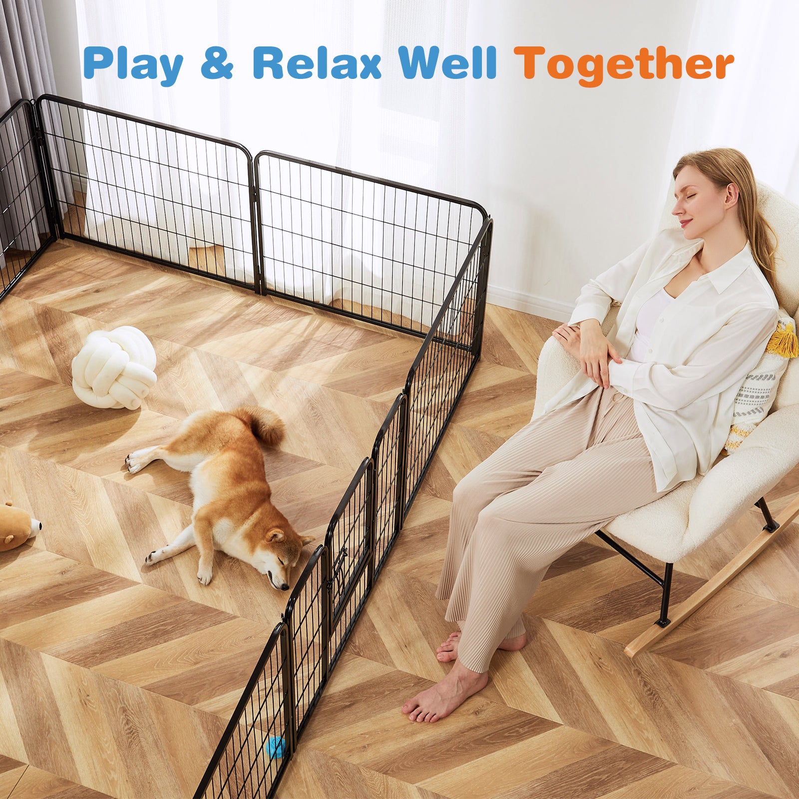 Indoor dog fence corner section with single door gate and wire panel walls