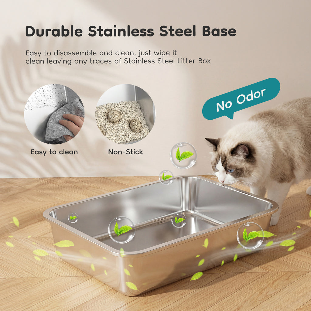 Double-entry cat litter box stainless steel base tray with open top for easy cleaning