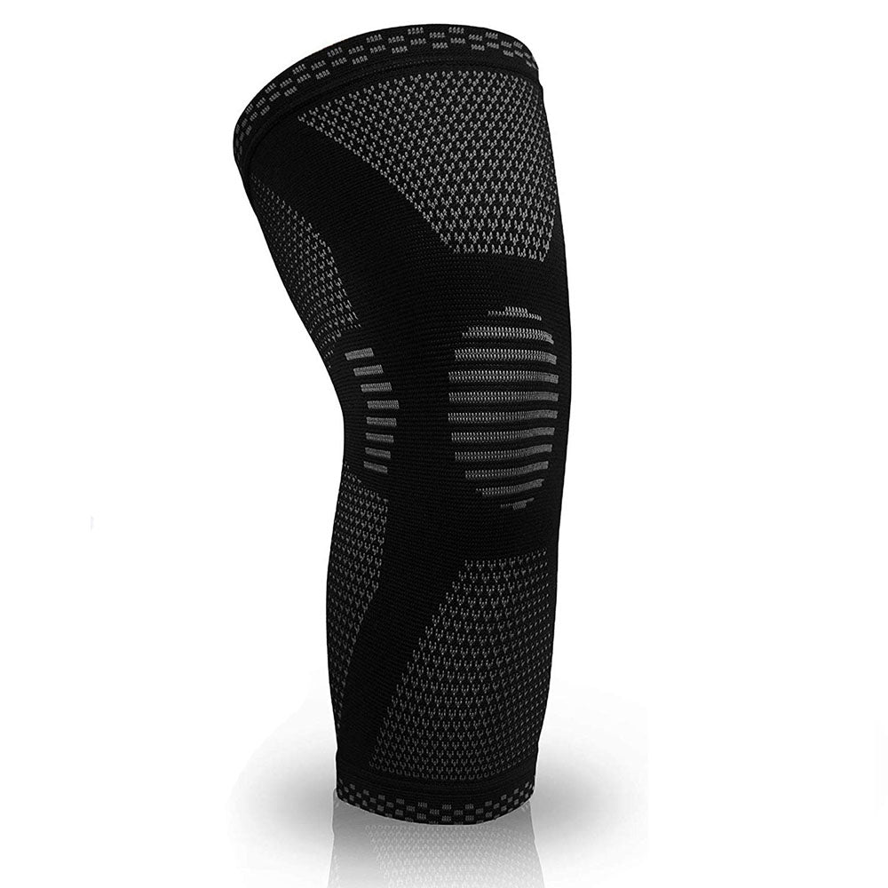 Black knee compression sleeve with teal ribbed support and textured knit panels