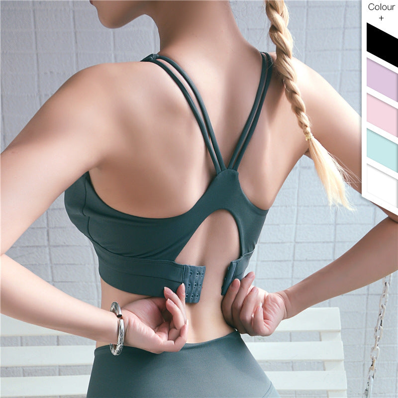 High-support adjustable back sports bra, teal with strappy open-back detail