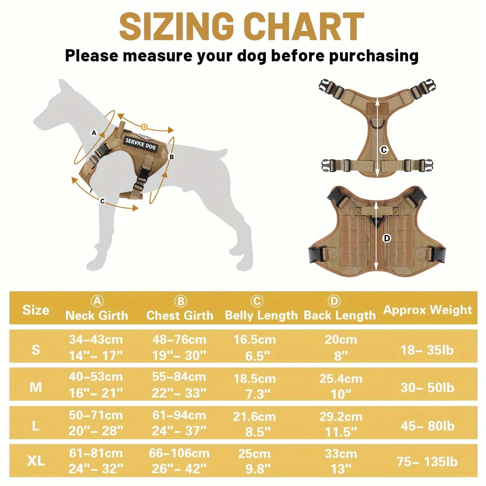 Service dog harness size chart with neck, chest, belly length, back length, and weight ranges