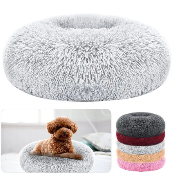 Light gray plush oval pet bed; side view with molded bolsters and color options