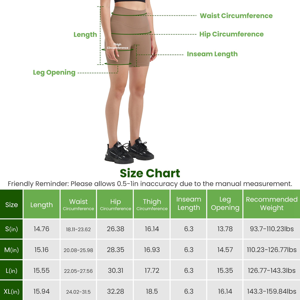 Model wearing tan high-waist biker shorts with full-leg size reference view