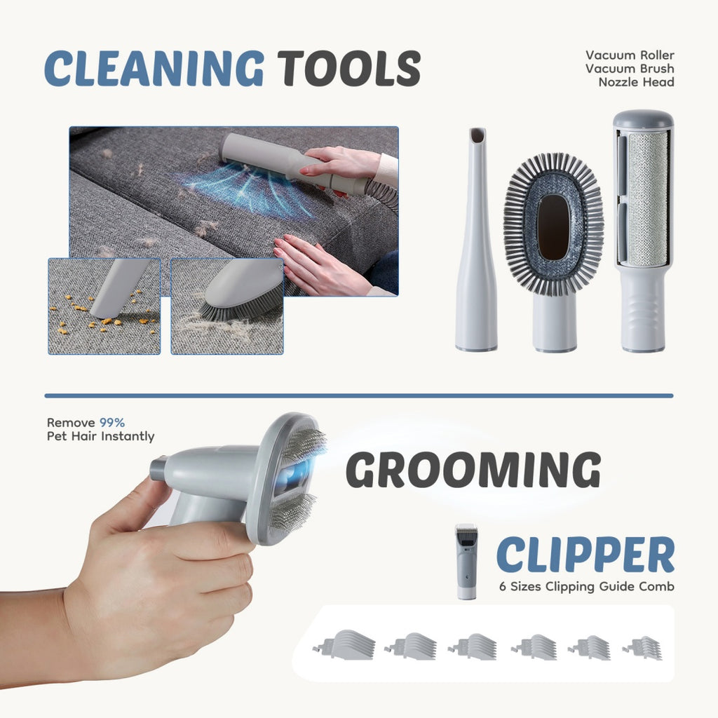 Grooming clipper cleaning tools: vacuum roller brush, nozzle head, and comb guards