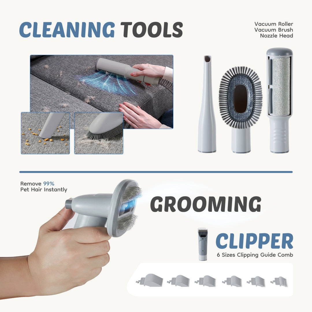 Grooming clipper cleaning tools: vacuum roller brush, nozzle head, and comb guards