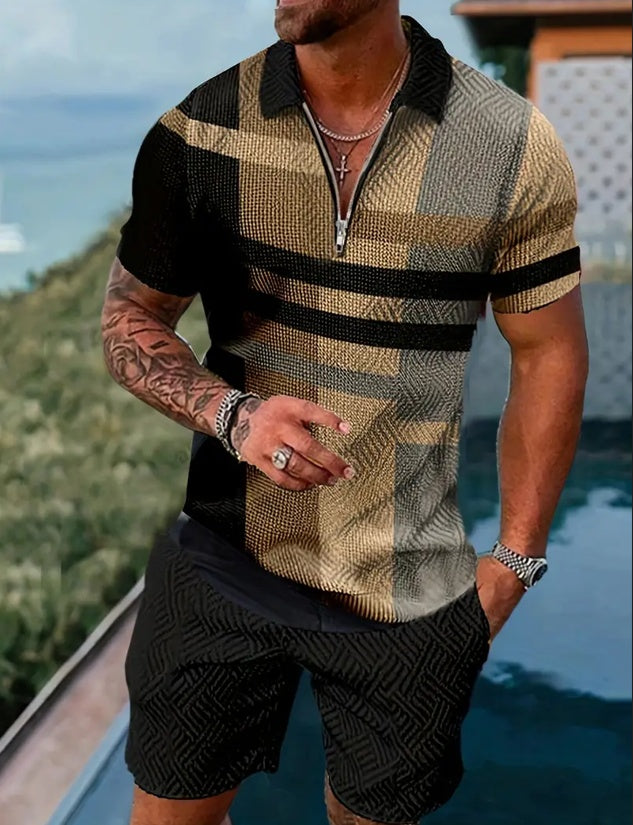 Beige and black striped short-sleeve athletic set with zip placket and drawstring shorts