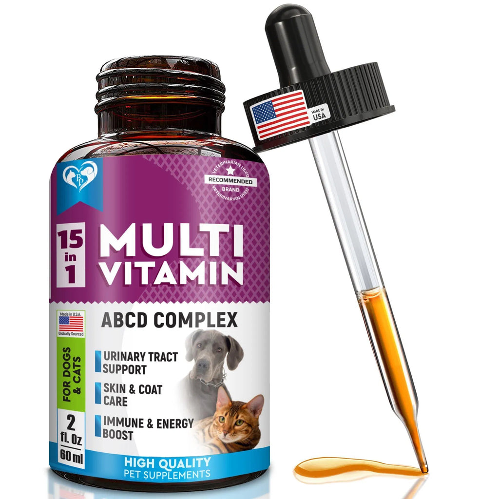 15-in-1 pet multivitamin liquid bottle with amber dropper, joint, kidney, skin support label
