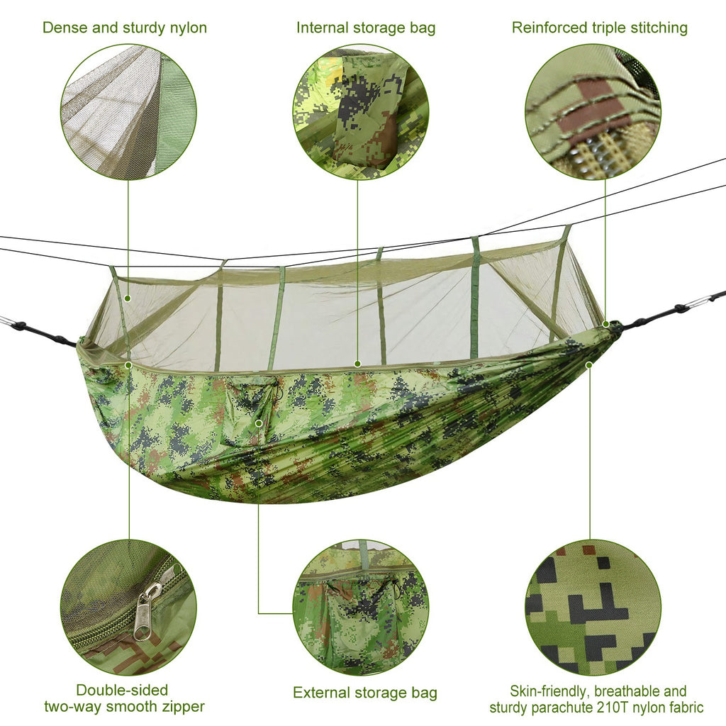 Double camping hammock with mosquito net, camouflage fabric with open zip pouch detail.