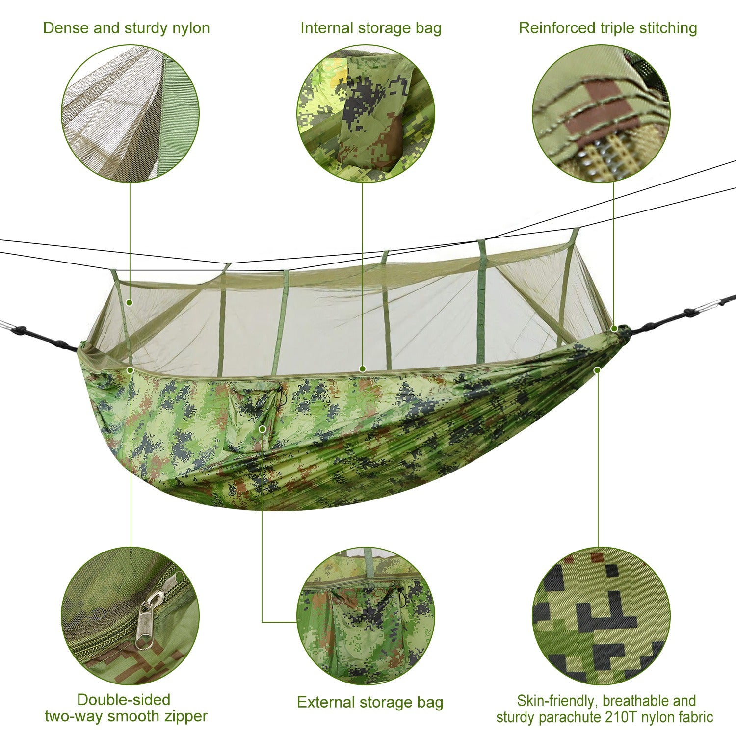 Double camping hammock with mosquito net, camouflage fabric with open zip pouch detail.