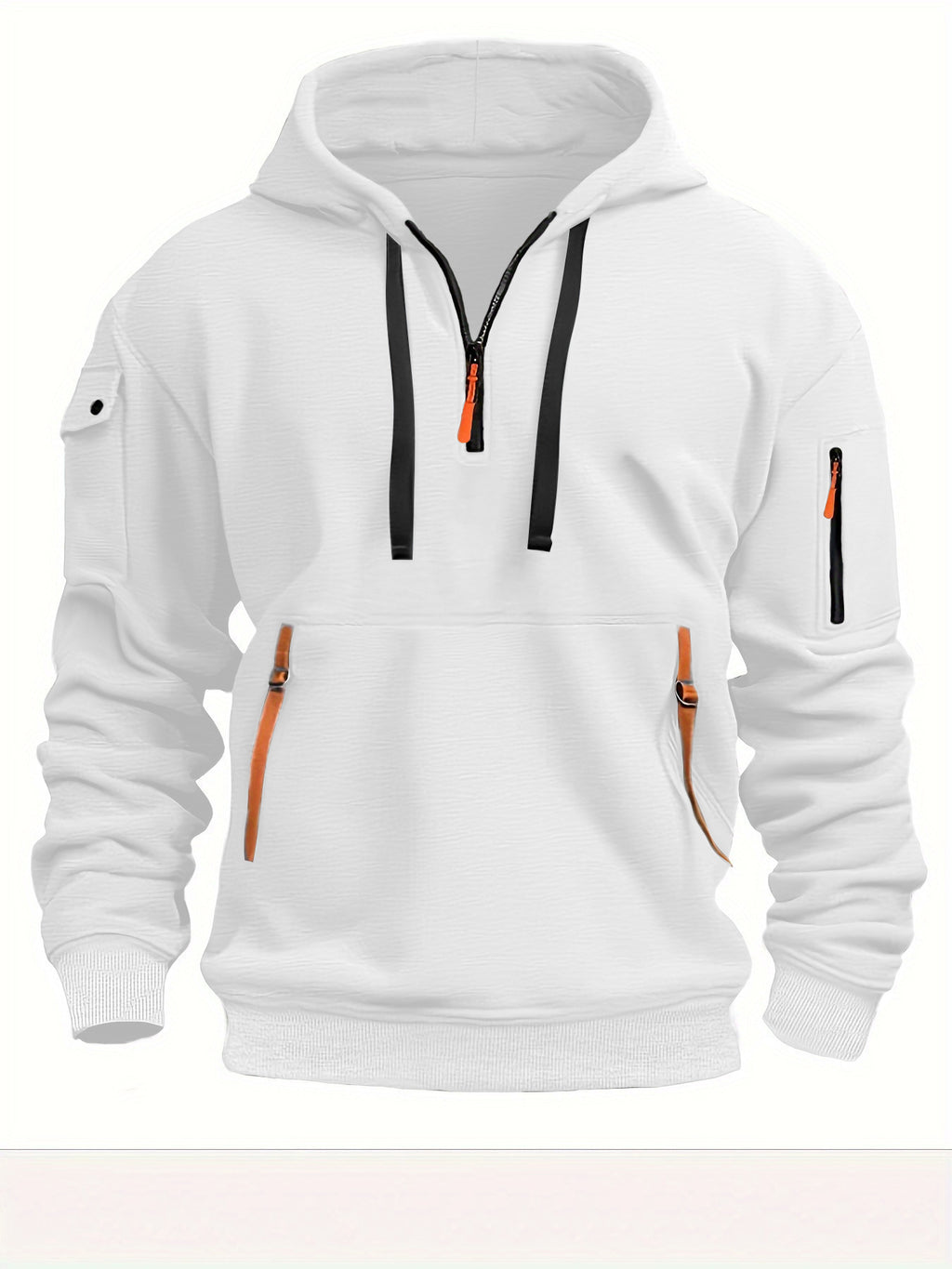 Oversized white pullover hoodie with hood, black drawstrings, kangaroo pocket, sleeve zip pockets