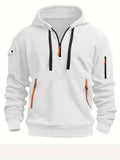 Oversized white pullover hoodie with hood, black drawstrings, kangaroo pocket, sleeve zip pockets