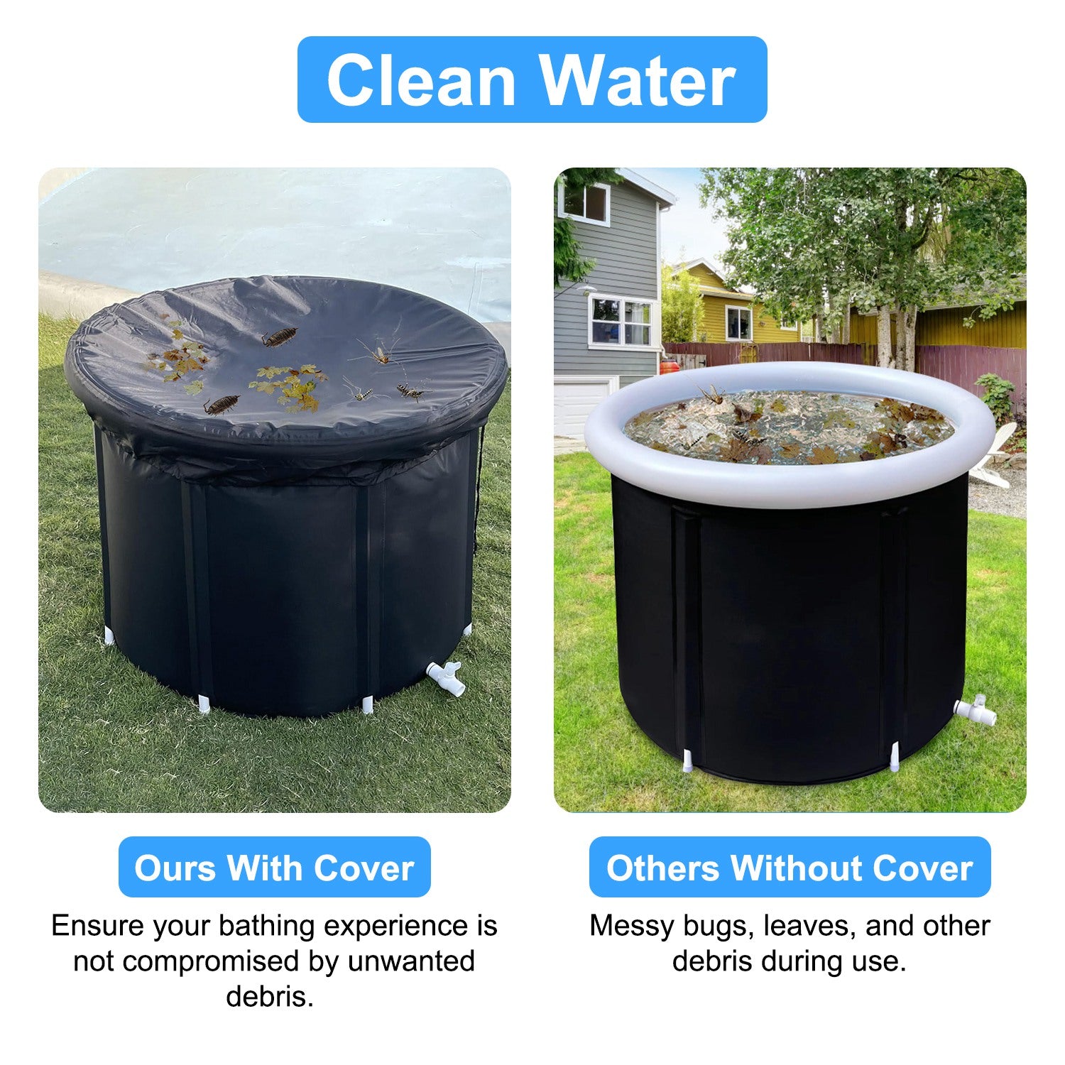 Covered black cold plunge tub outdoors with garden grass background
