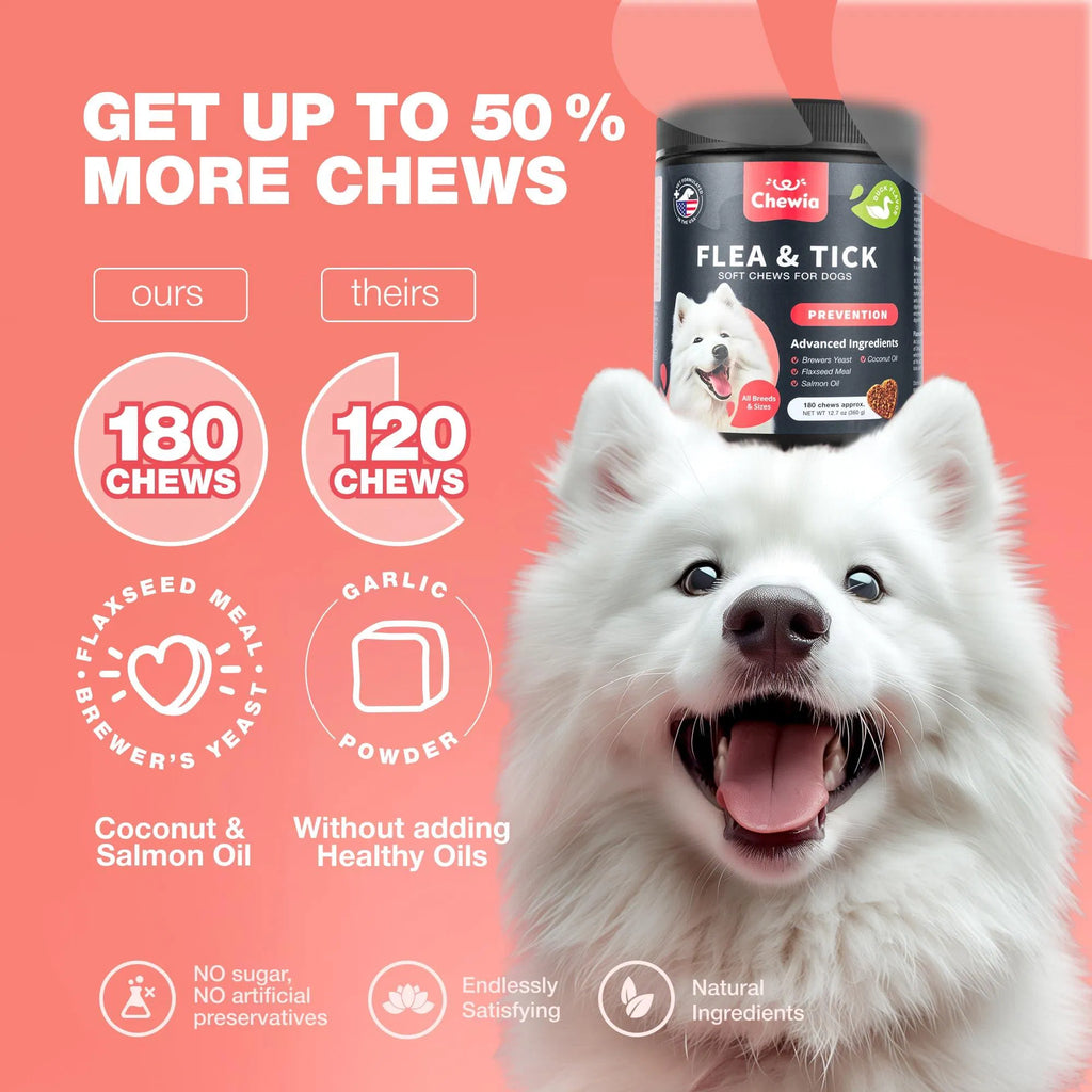 Flea & tick soft chew jar with 120 chews badge and dog silhouette