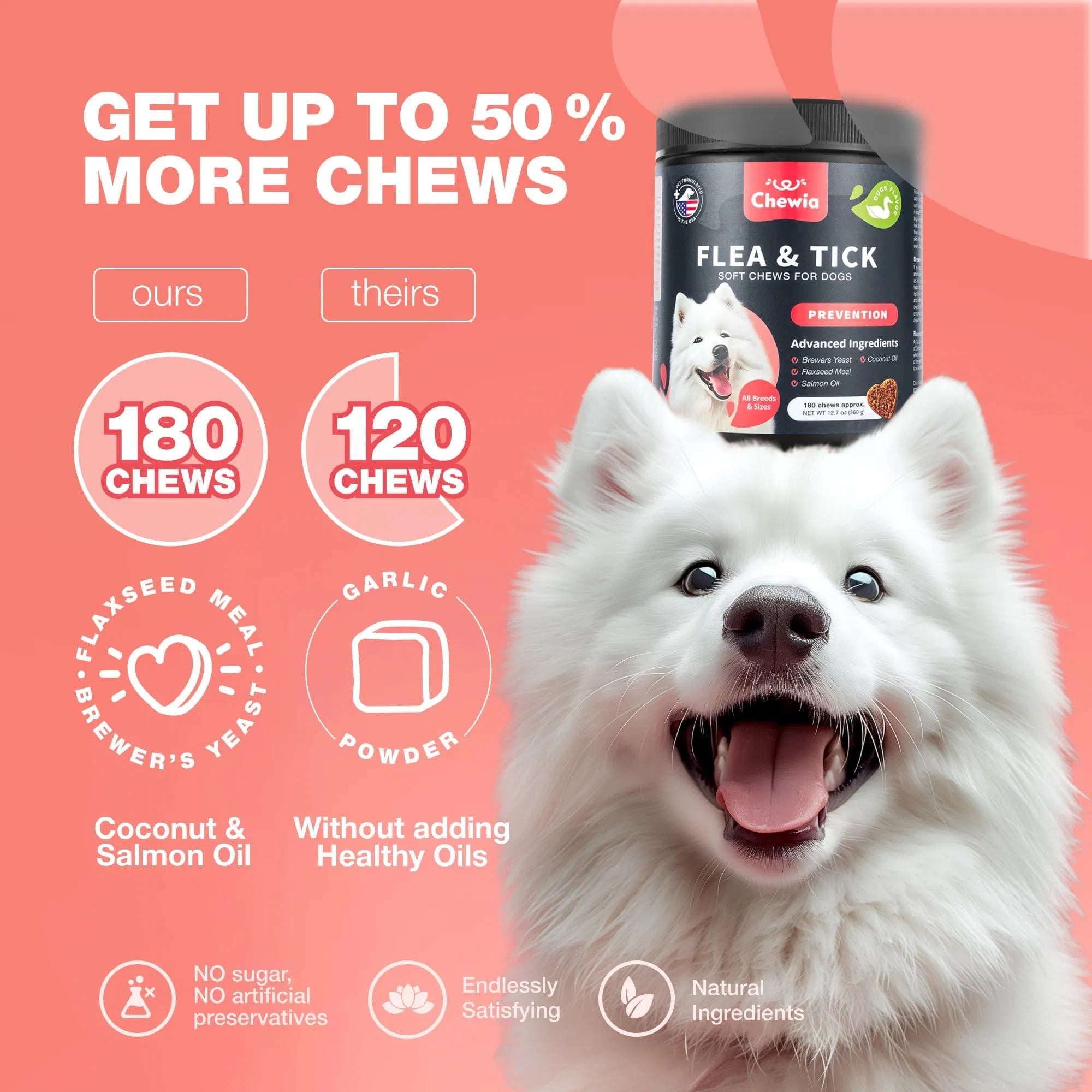 Flea & tick soft chew jar with 120 chews badge and dog silhouette