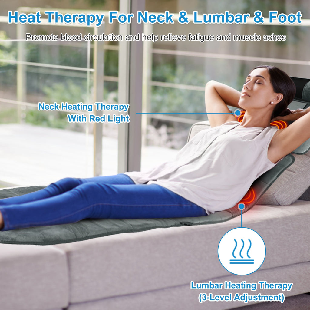 Massage mat with heat for neck and lumbar while lying on a cushion seat