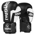 Black boxing gloves with white stripe panels and GINGPAI logos, pair
