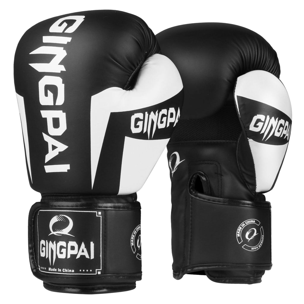 Black boxing gloves with white accents and GINGPAI logos, pair